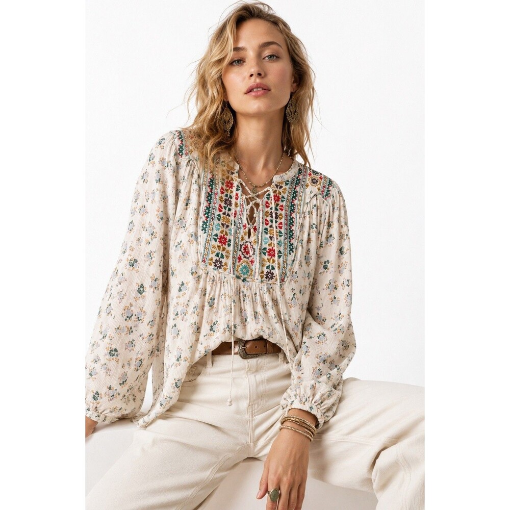 Democracy Artisan Crafted Floral Embroidered Boho Peasant Blouse XL Cottagecore